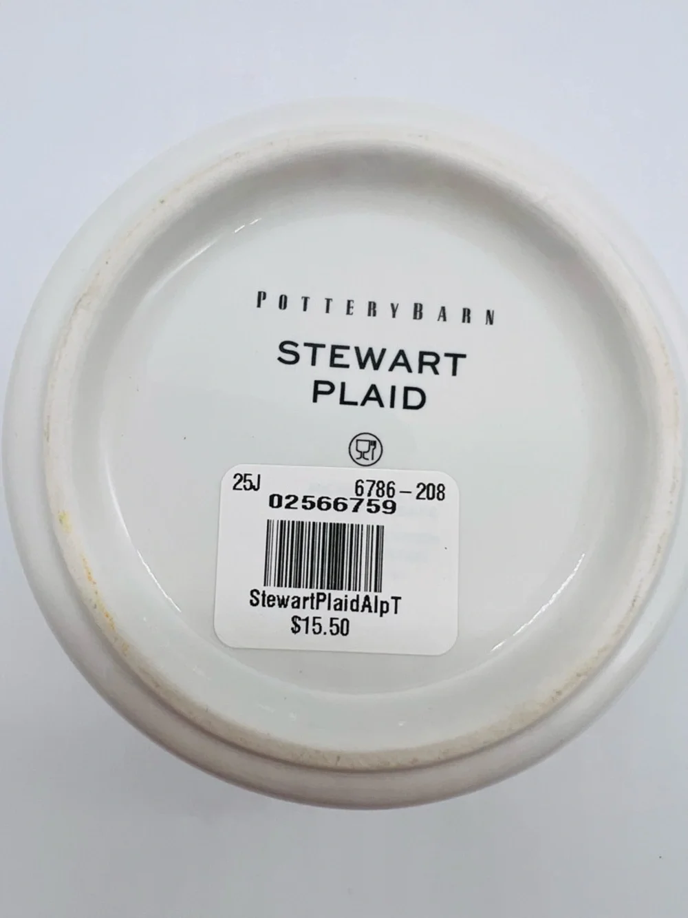 Pottery Barn White Mug with Red & Green Stewart Plaid T and Gold Rim